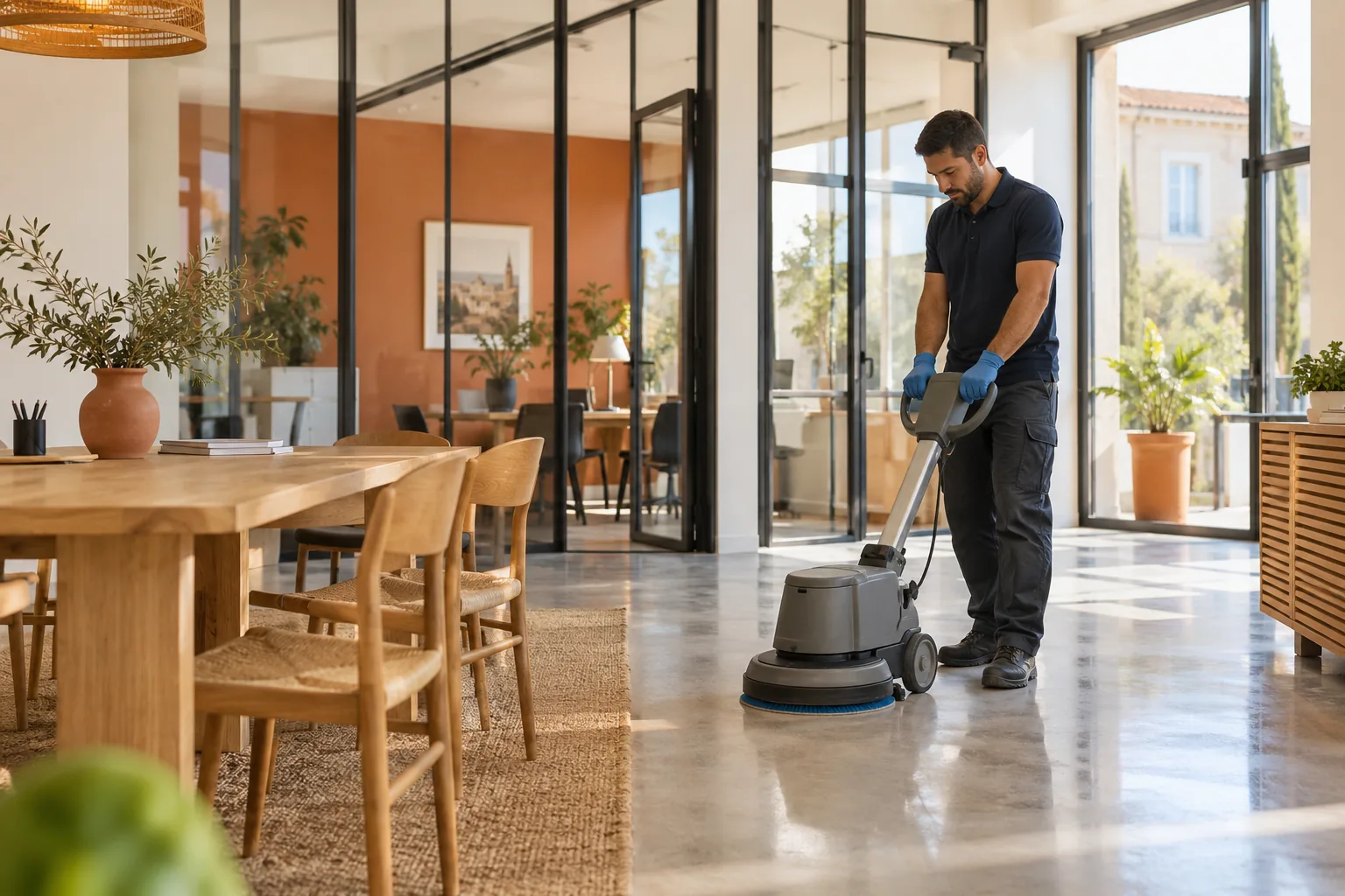 Professionnel nettoyant le sol d’un espace de travail avec une monobrosse.