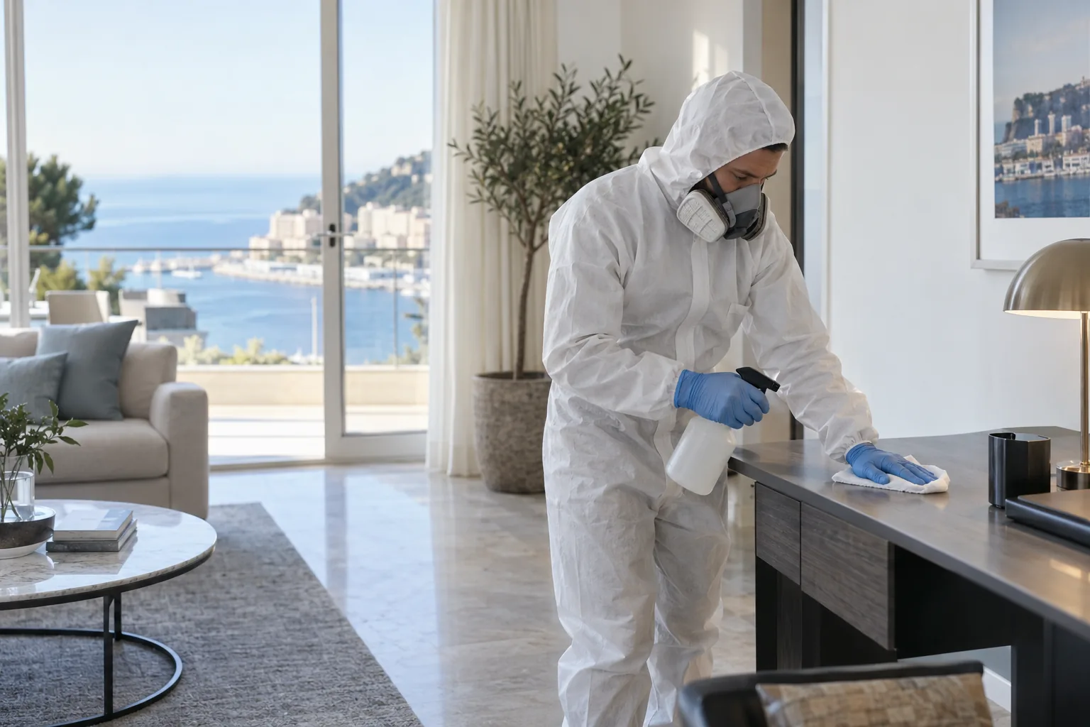 Professionnel en tenue de protection désinfectant une surface dans un appartement lumineux.