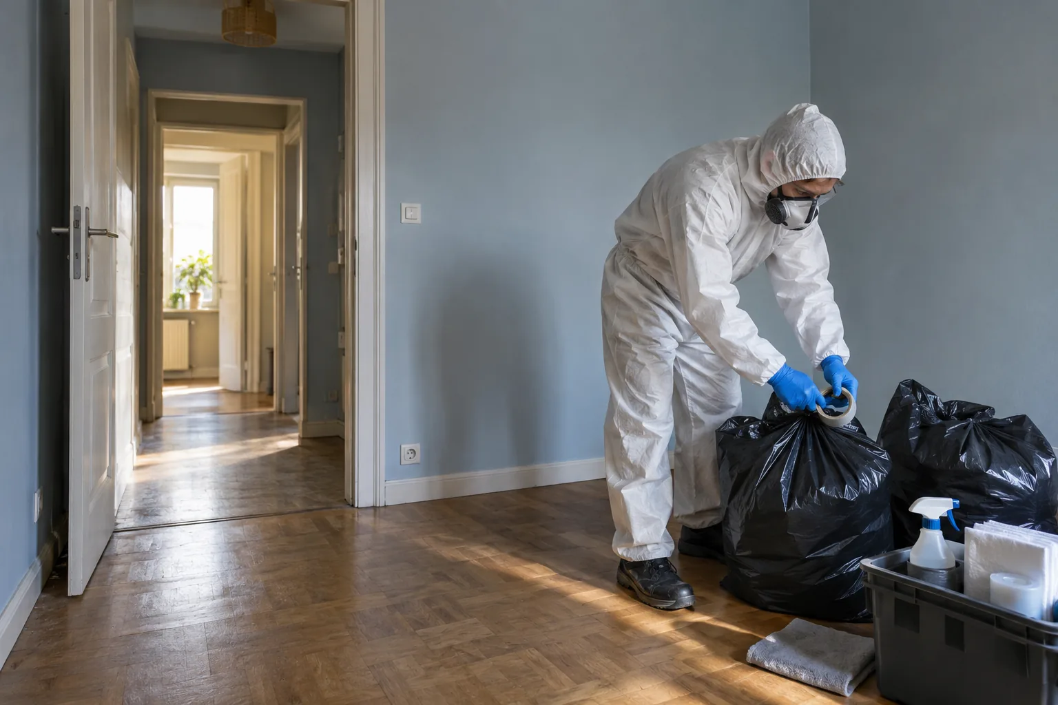 Professionnel en tenue de protection préparant des sacs fermés dans un appartement.